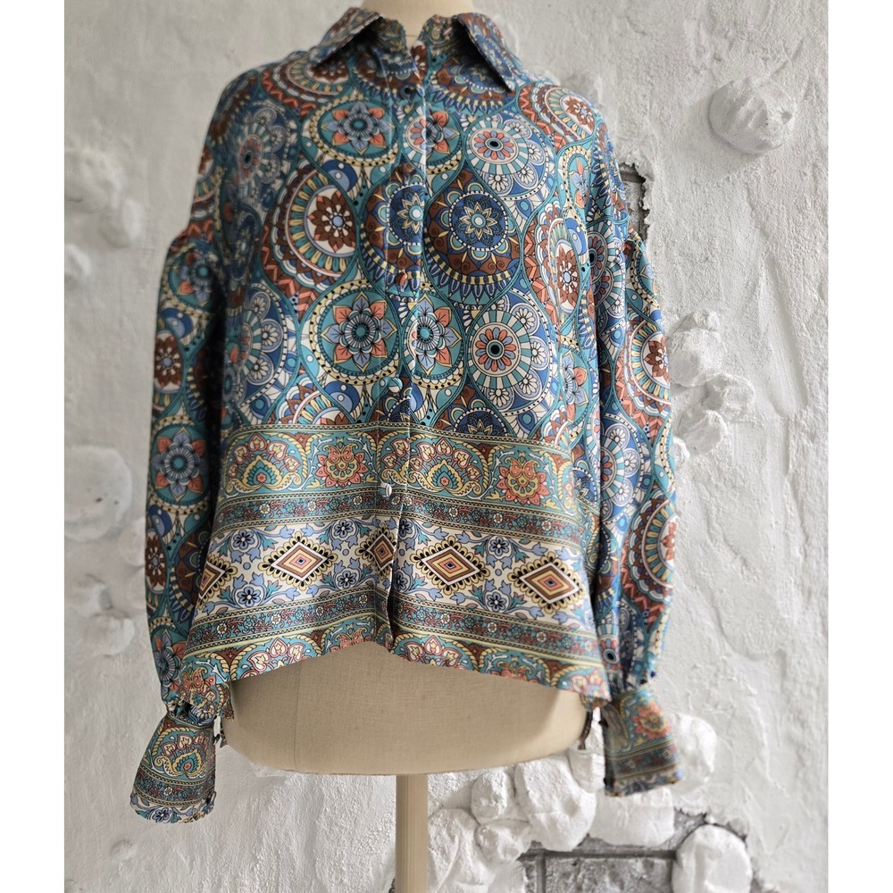 fab'rik Women Teal Paisley Mandala Puff Sleeve Button Down Blouse Size S Retro
